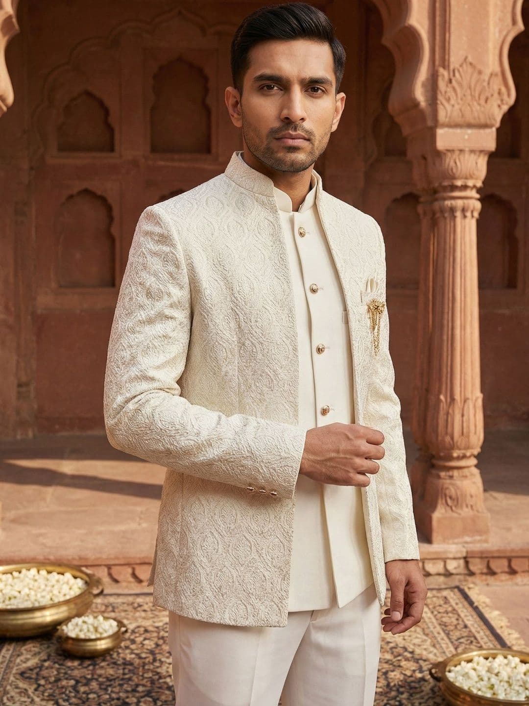 Jompers Self Design Mandarin Collar Sherwani - view 1