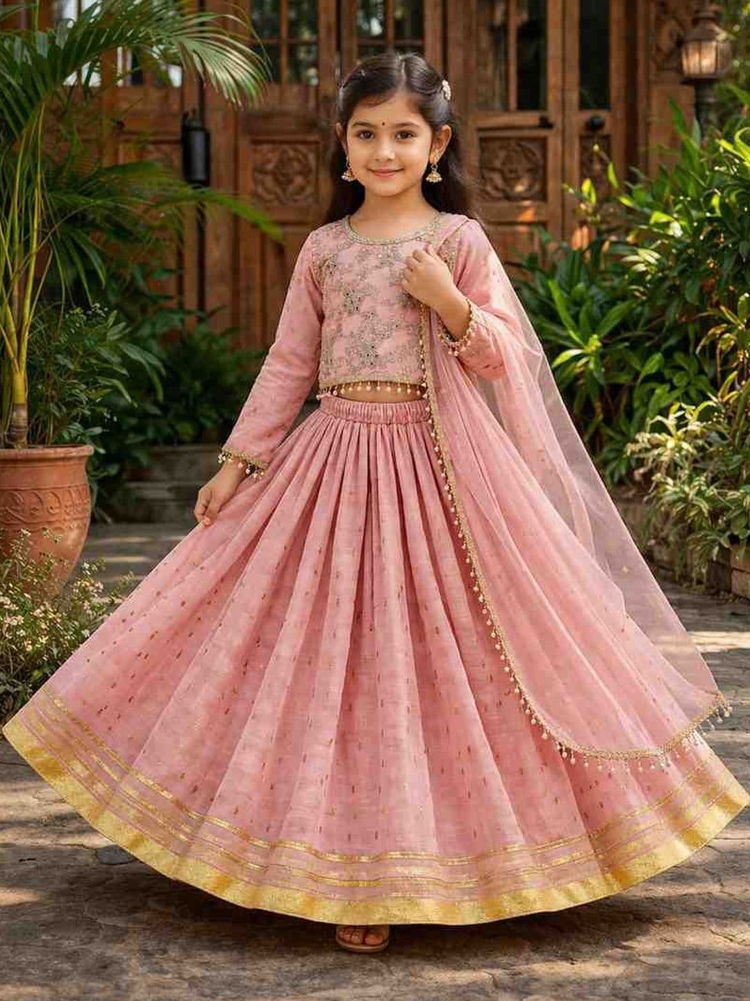BAESD Girls Embroidered Mirror Work Tie and Dye Ready to Wear Lehenga & Blouse With Dupatta - view 1
