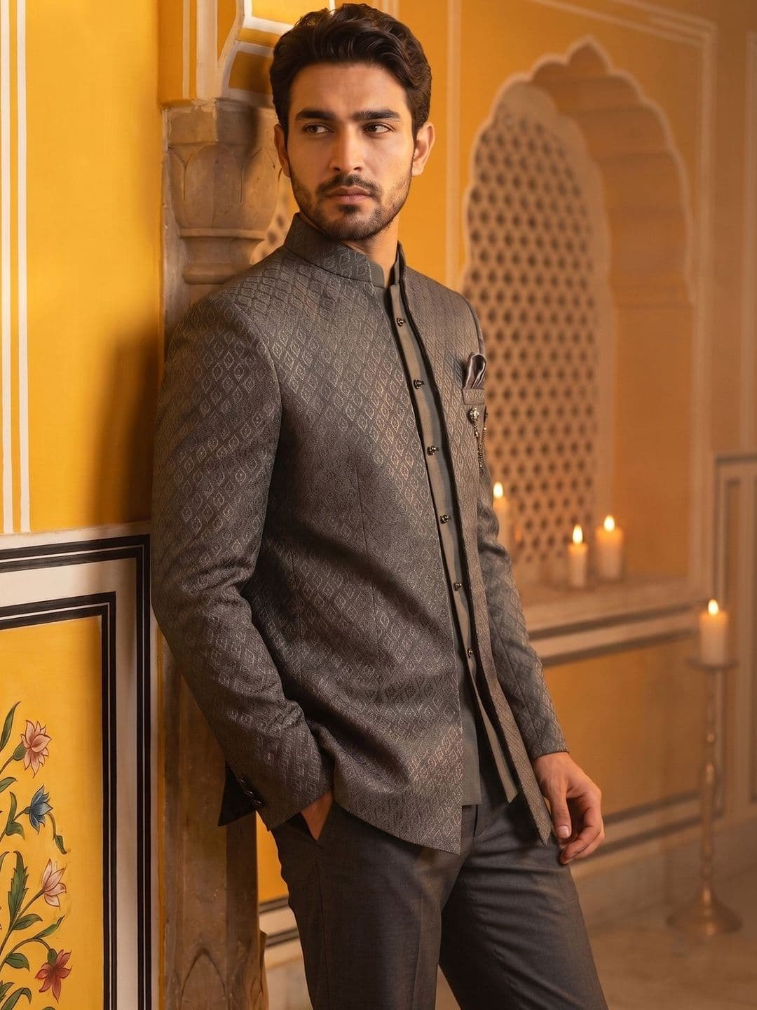 Jompers Self Design Mandarin Collar Sherwani - view 1