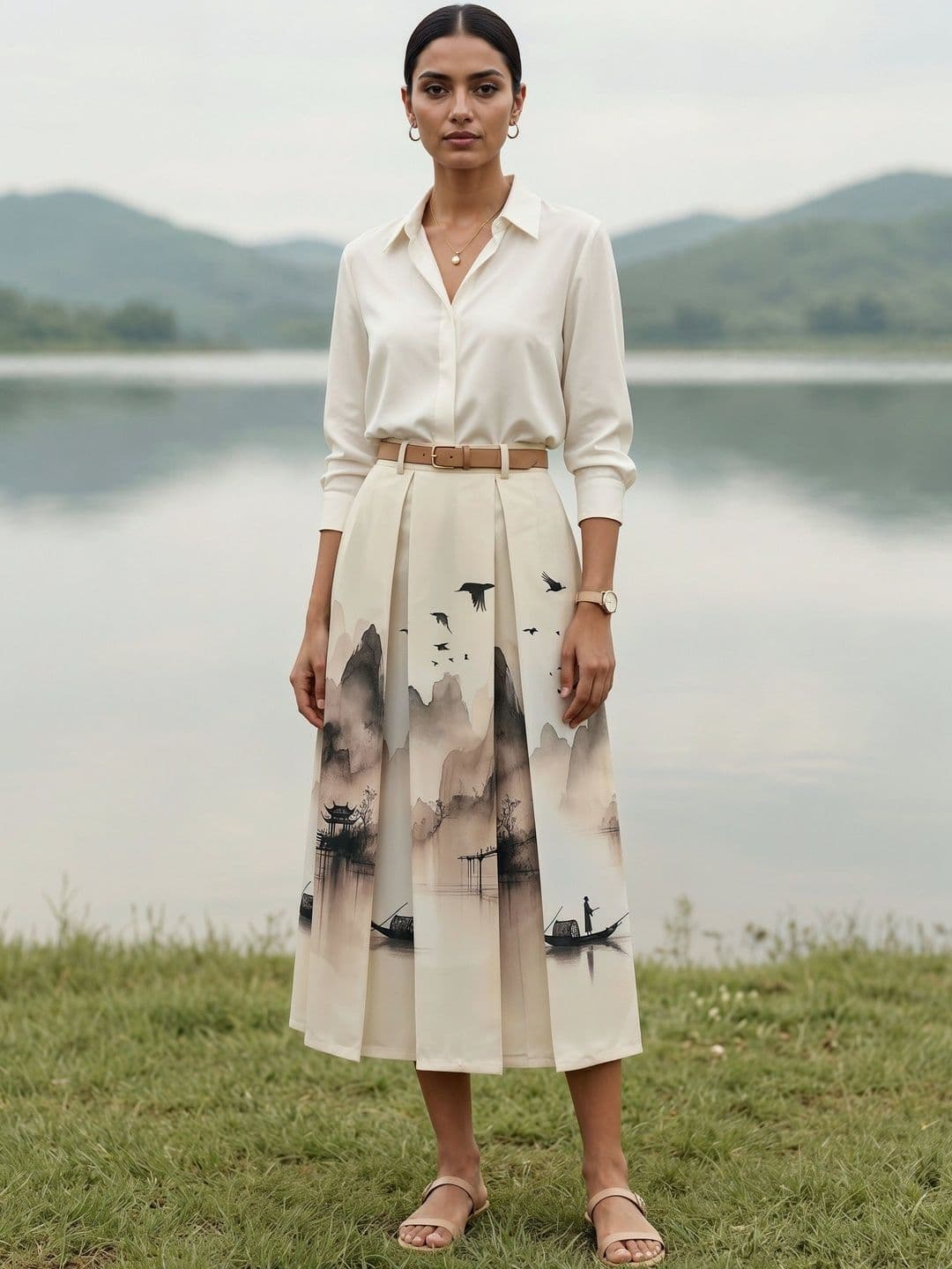 AASK Women Pure Cotton Blend Abstract Midi A-Line Skirt - view 1