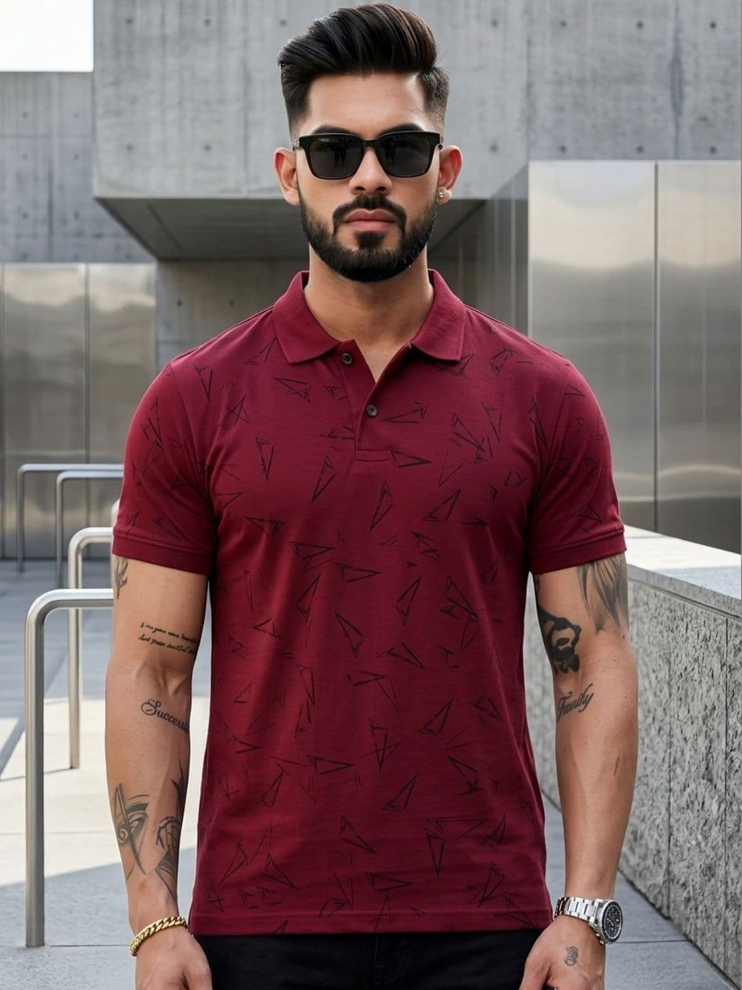 Kryptic Geometric Printed Pure Cotton Polo Collar T-shirt - view 1