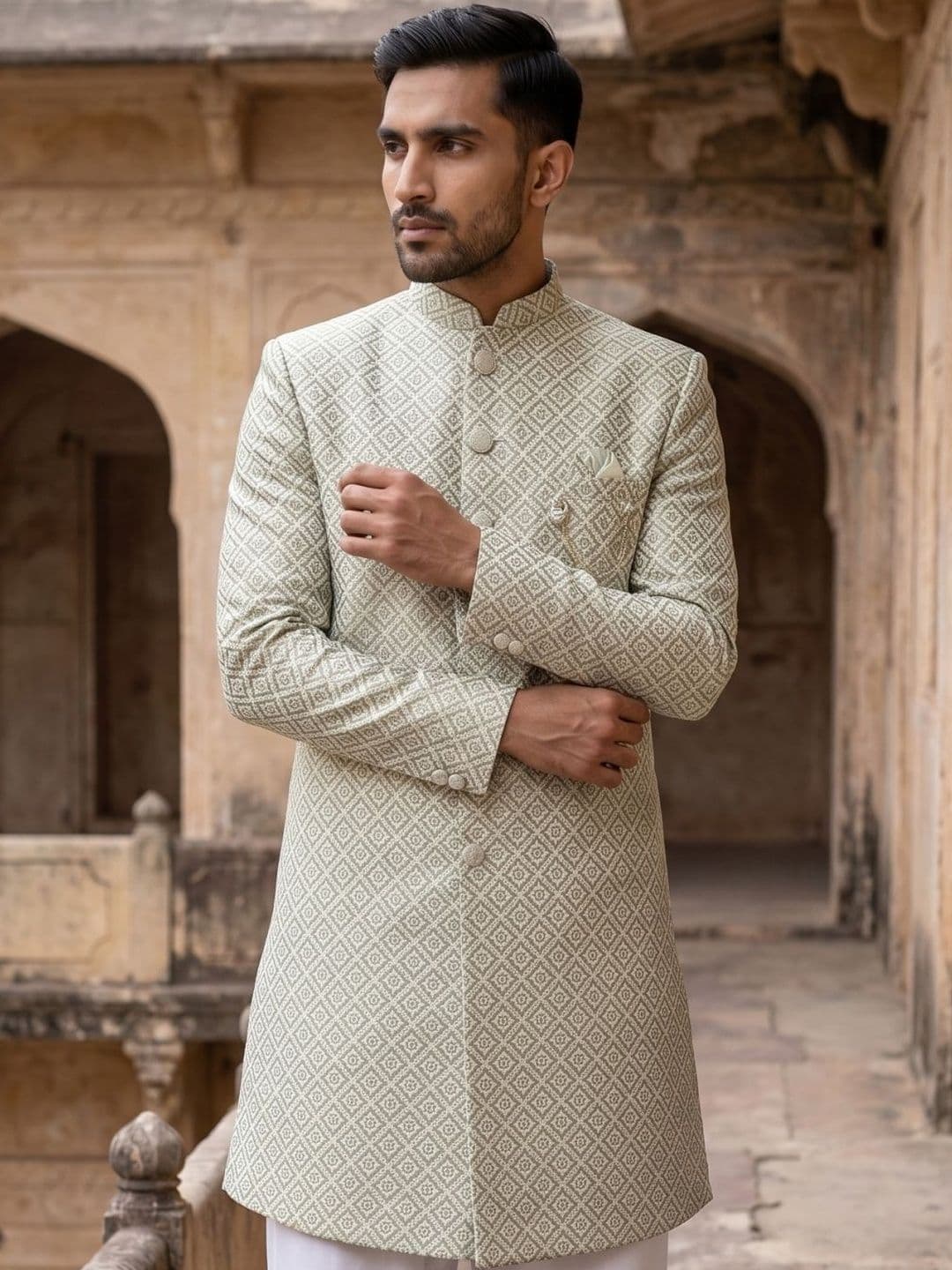 Jompers Self Design Mandarin Collar Sherwani - view 1