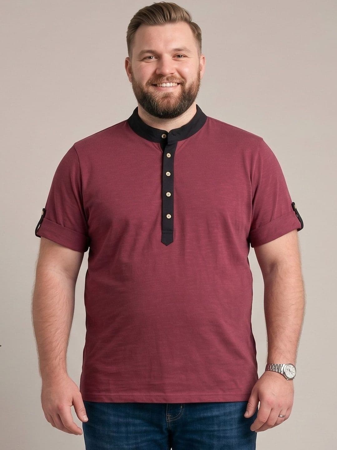bigbanana Men Plus Size Mandarin Collar Anti Odour Cotton T-shirt - view 1