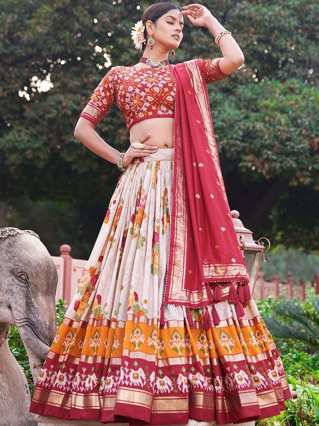 House of Pataudi Printed Round Neck Flared Lehenga Choli - view 1