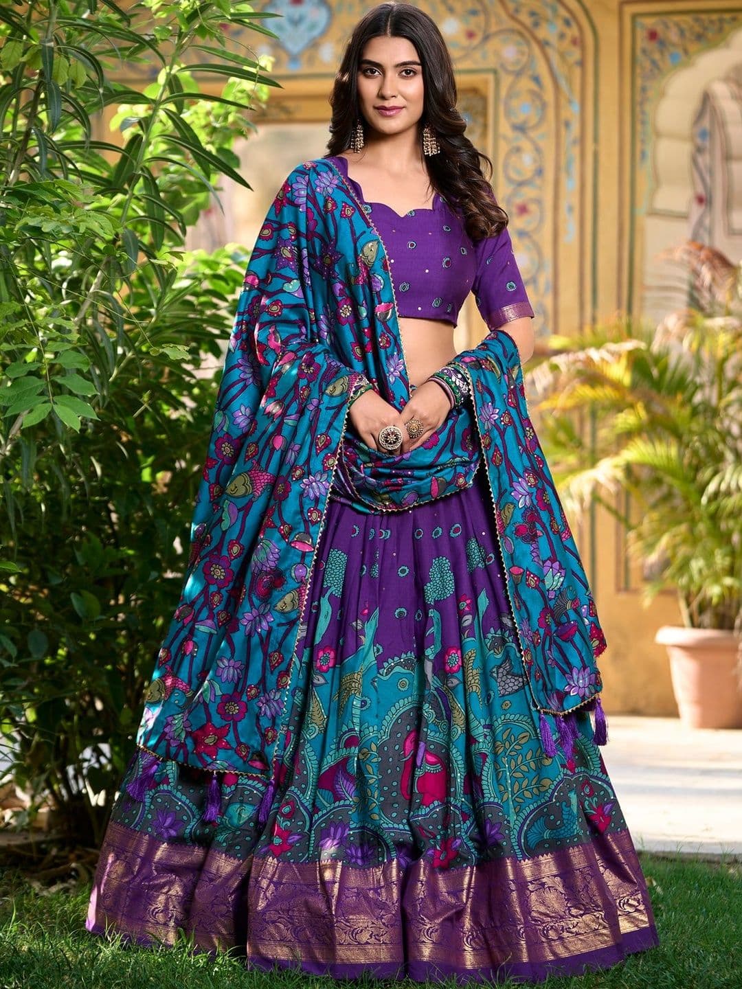 House of Pataudi Printed Scoop Neck Flared Lehenga Choli - view 1
