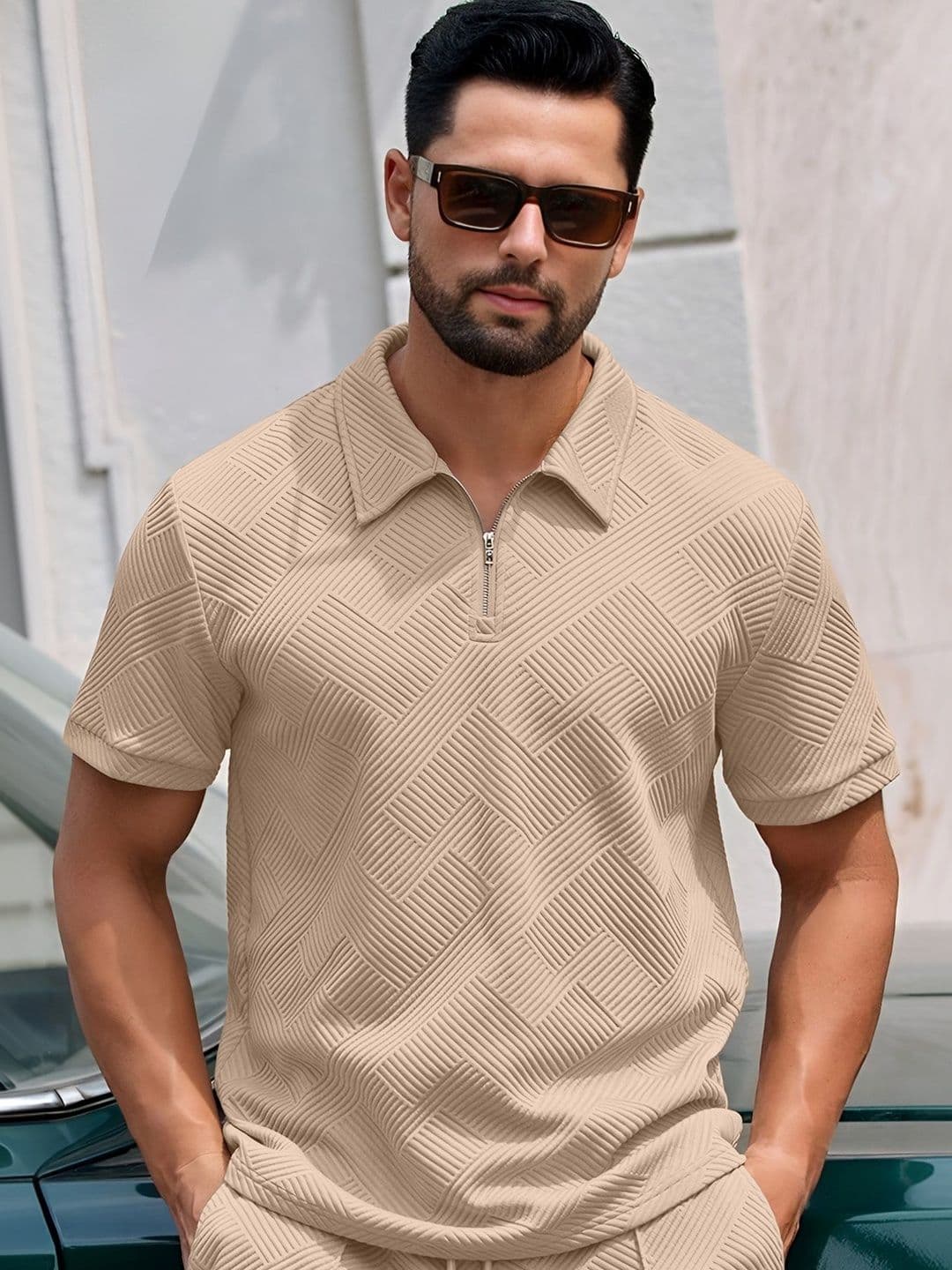 HAPPY KHAJANA Self Design Polo Collar Regular Fit T-shirt - view 1