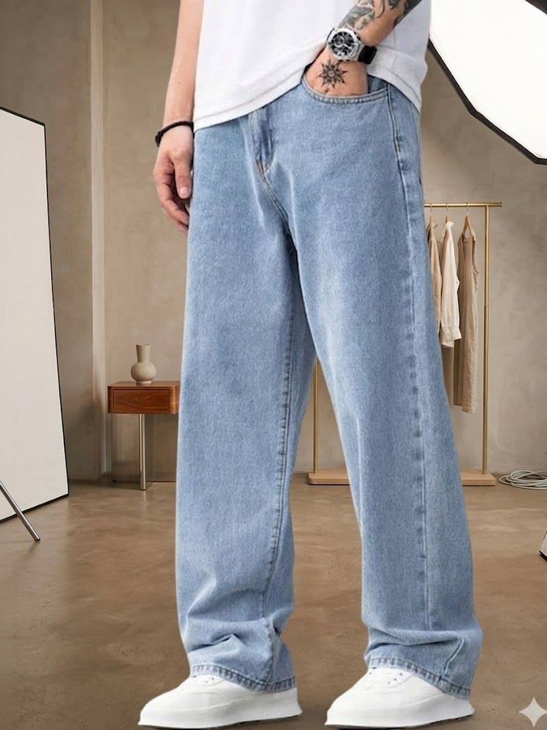 NIFFER FASHION Men Jean Wide Leg Mid-Rise Light Fade Applique Jeans - view 1