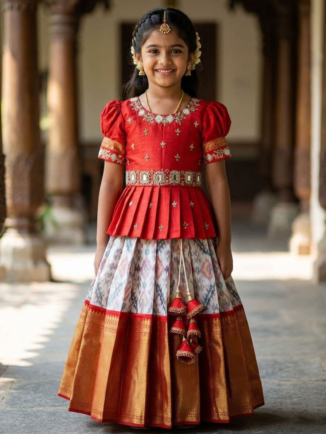 White Button Girls Embellished Beads and Stones Ready to Wear Lehenga & - view 1