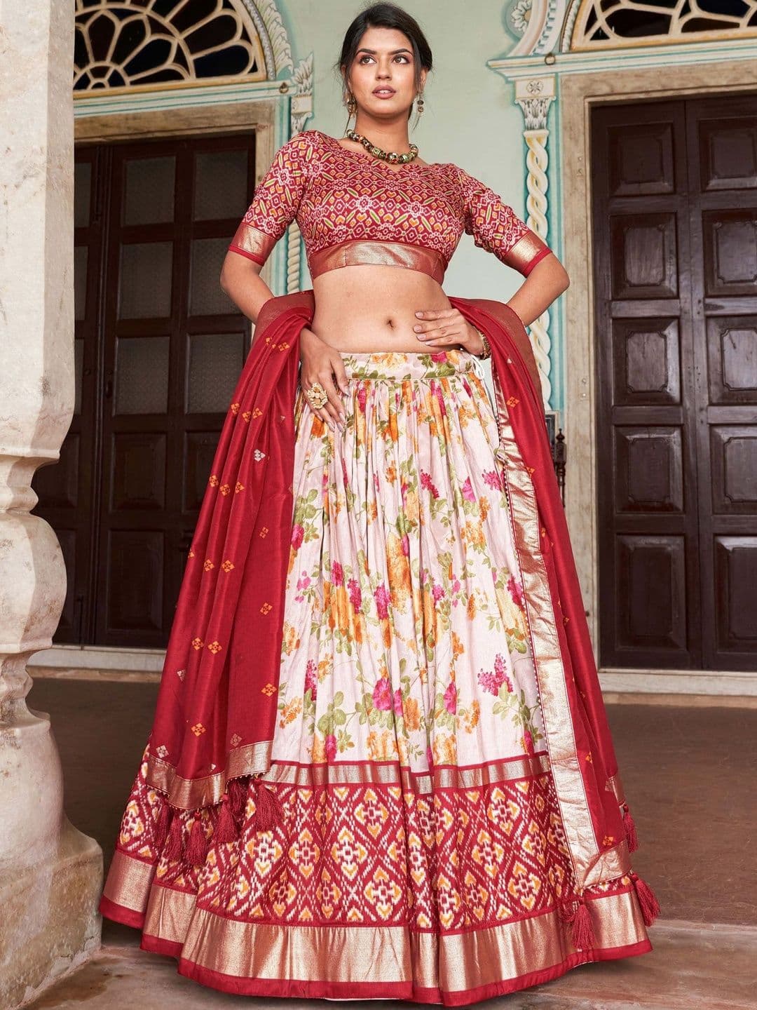 House of Pataudi Patola Printed Sweetheart Neck Lehenga Choli & Dupatta - view 1