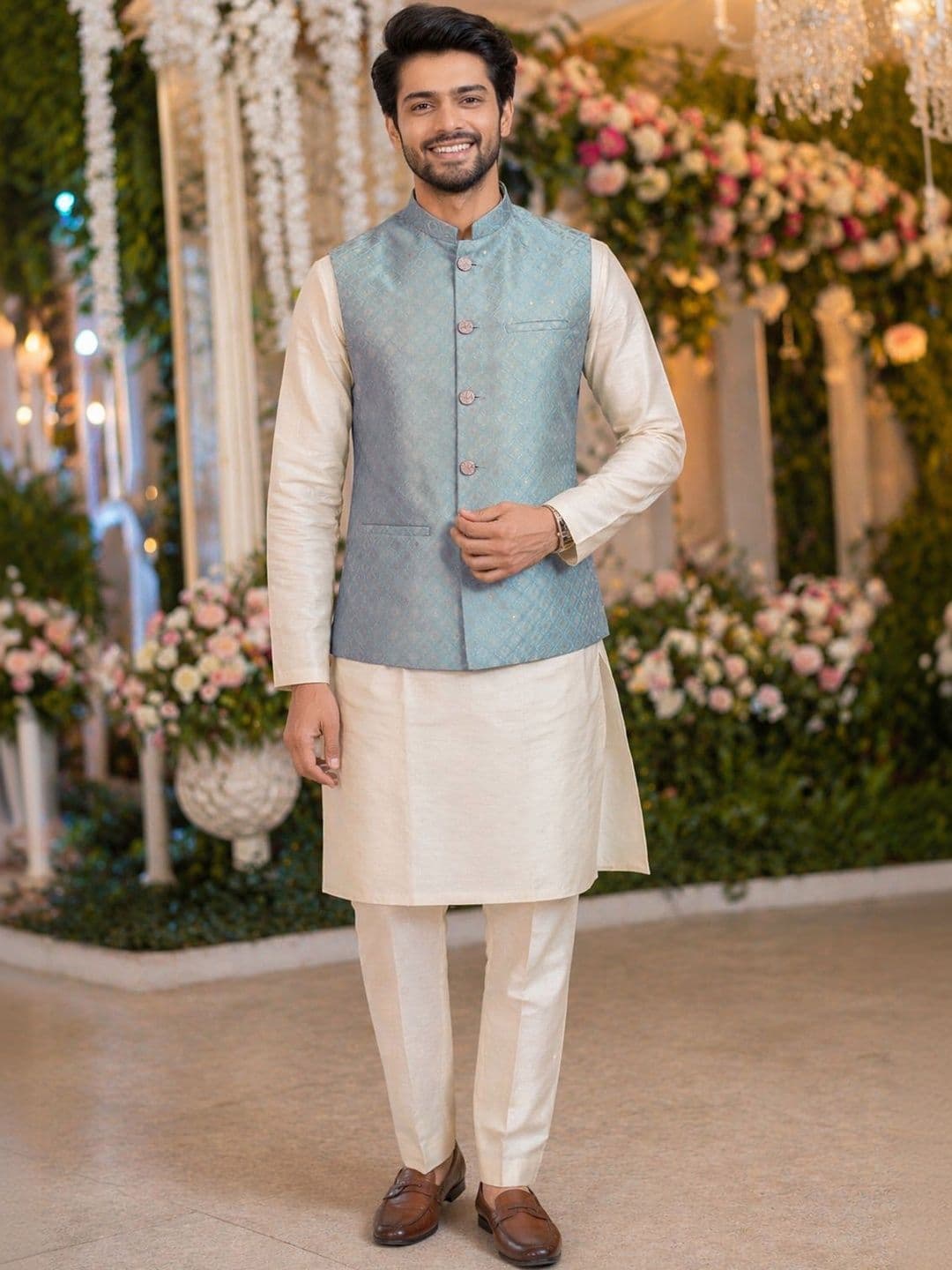 House of Pataudi Woven Design Textured Festive Jacquard Nehru Jacket - view 1