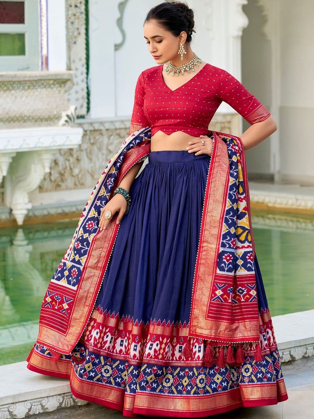House of Pataudi Printed Dupion Silk V-Neck Flared Lehenga Choli - view 1