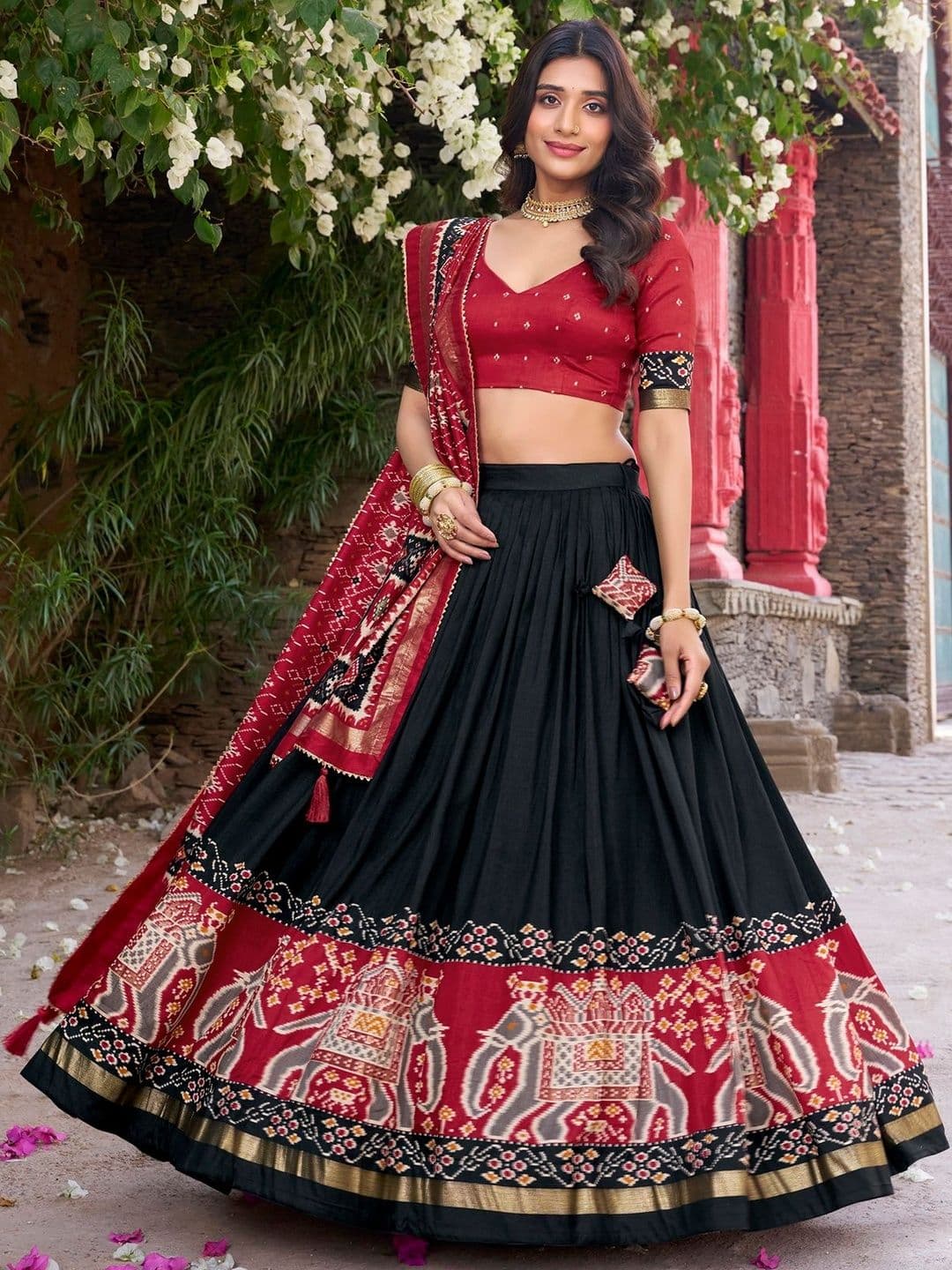 House of Pataudi Patola Printed V-Neck Lehenga Choli & Dupatta - view 1