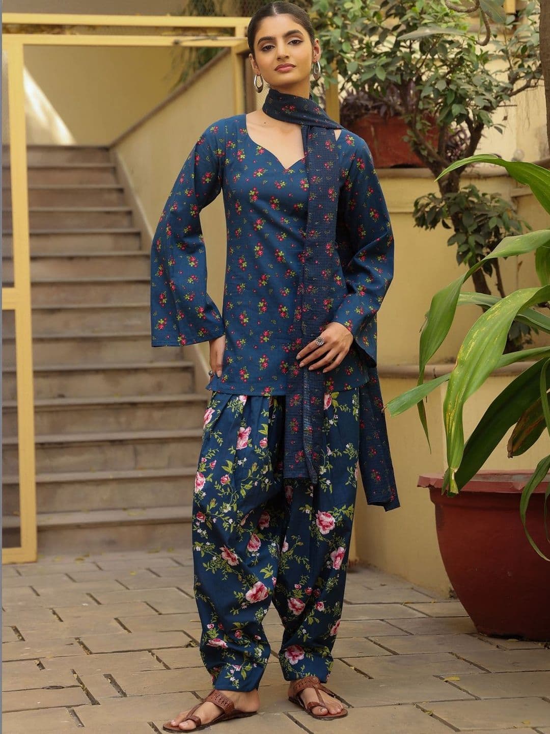 anayna Women Floral Printed Angrakha Pure Cotton Kurta with Patiala & With Dupatta - view 1