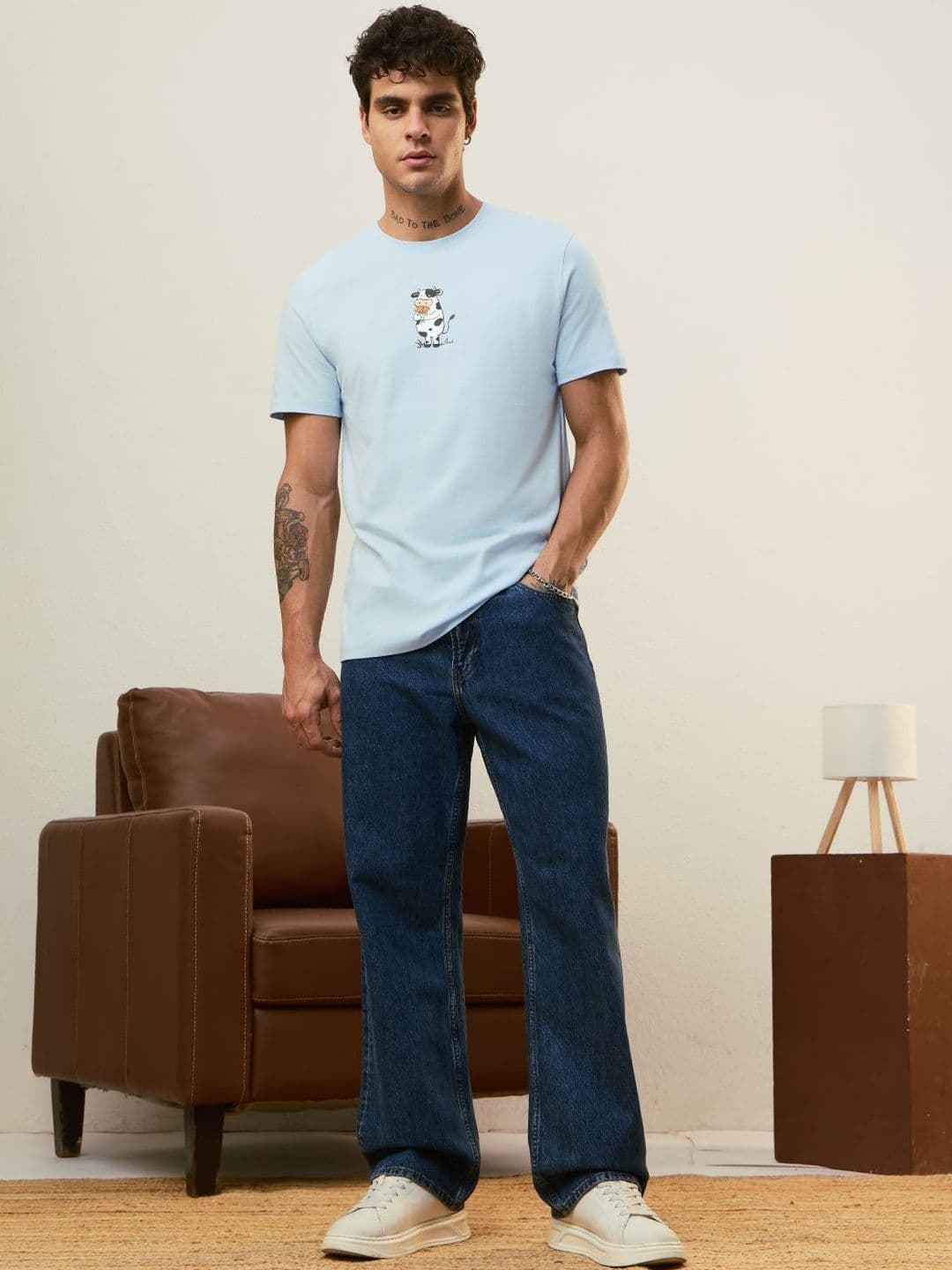 The Souled Store Men Regular Fit Puff Print Blue T-Shirts - view 1