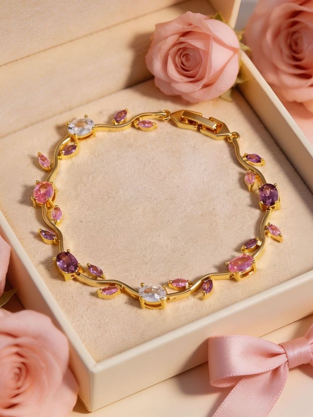 VS Unique Collection Anti Tarnish Multi Crystal Stones Floral Tulip Bracelet - view 1