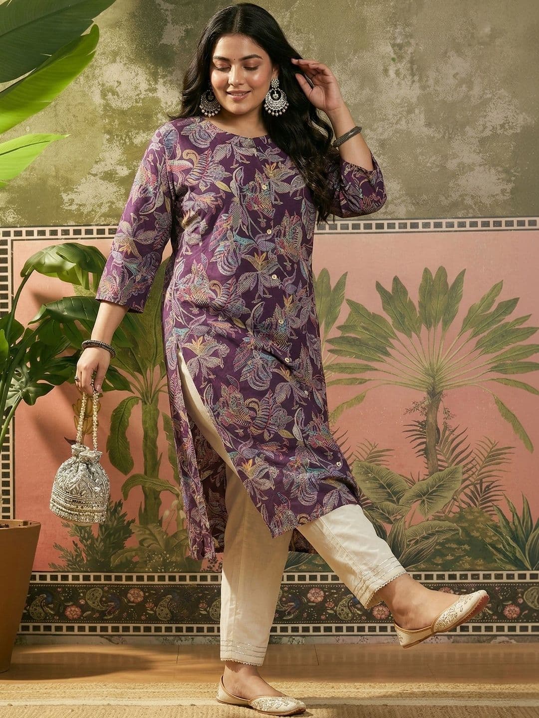 Sangria Printed Round Neck Calf Length Straight Kurtas - view 1