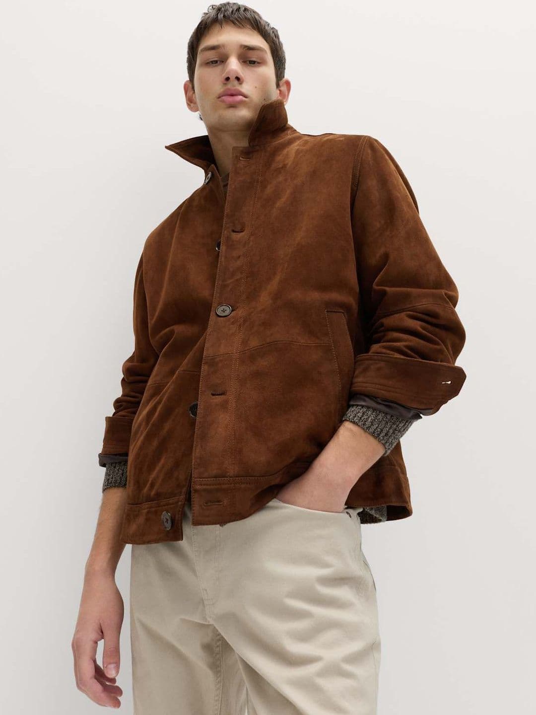 Marks & Spencer Solid Brown Leather Mens Regular Fit Burnished Suede Jacket - view 1