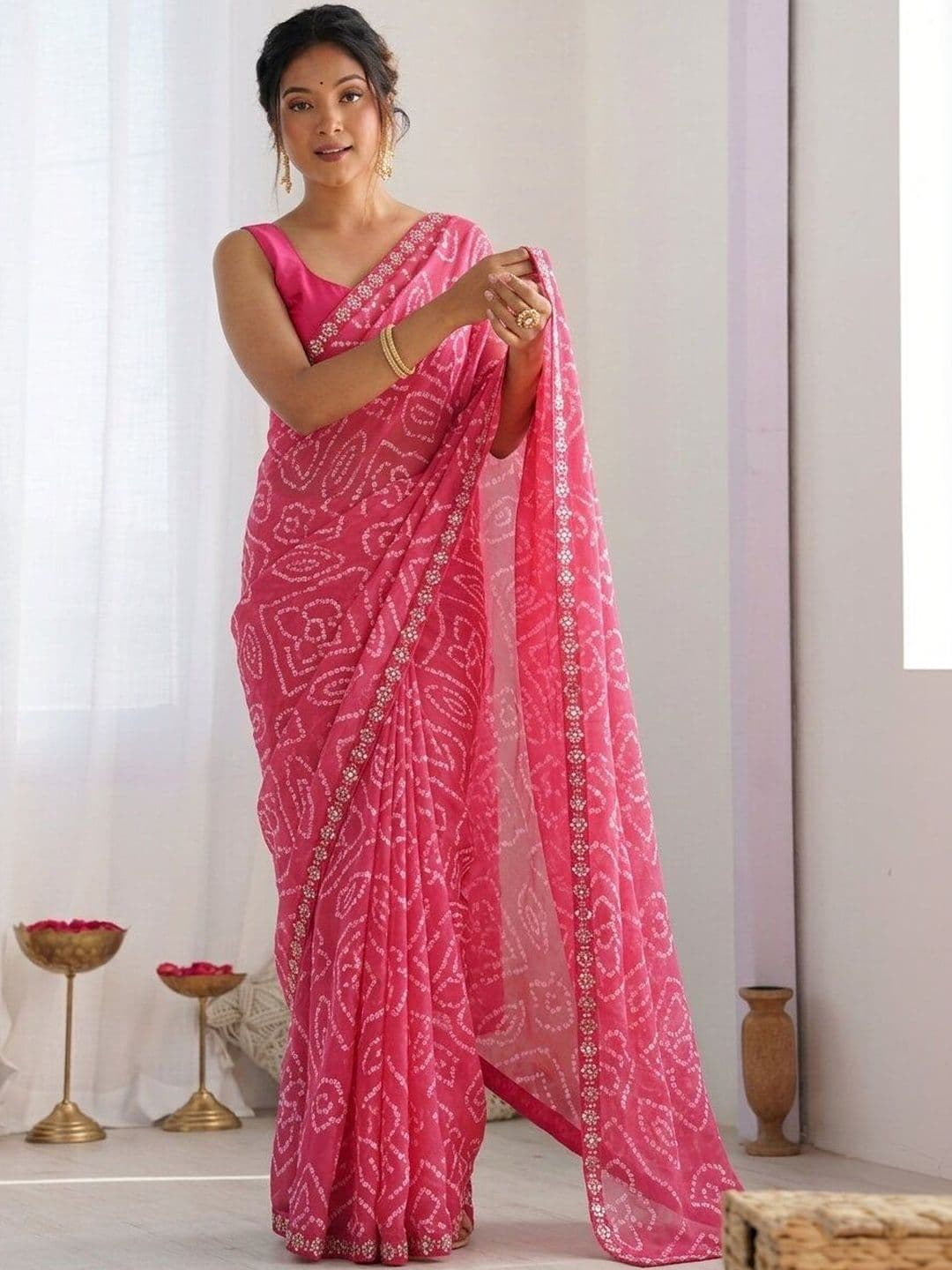 HERE&NOW Bandhani Sequinned Poly Georgette Saree - view 1