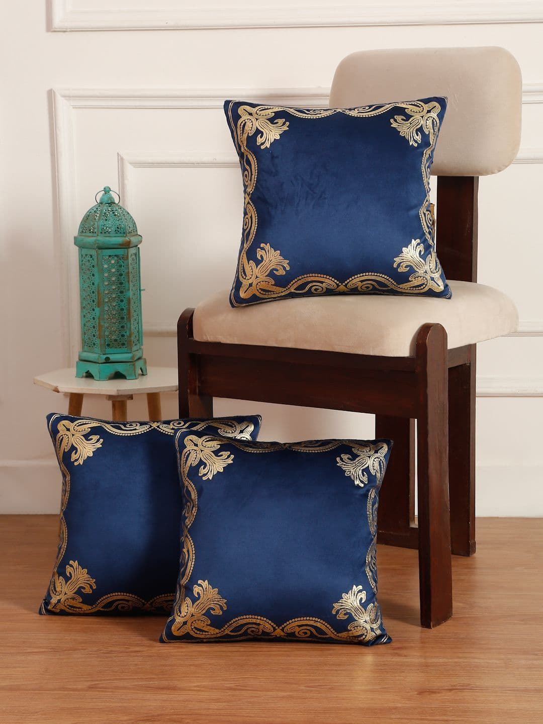 SOKNACK Blue Set of 3 Embroidered Velvet Square Cushion Covers - view 1
