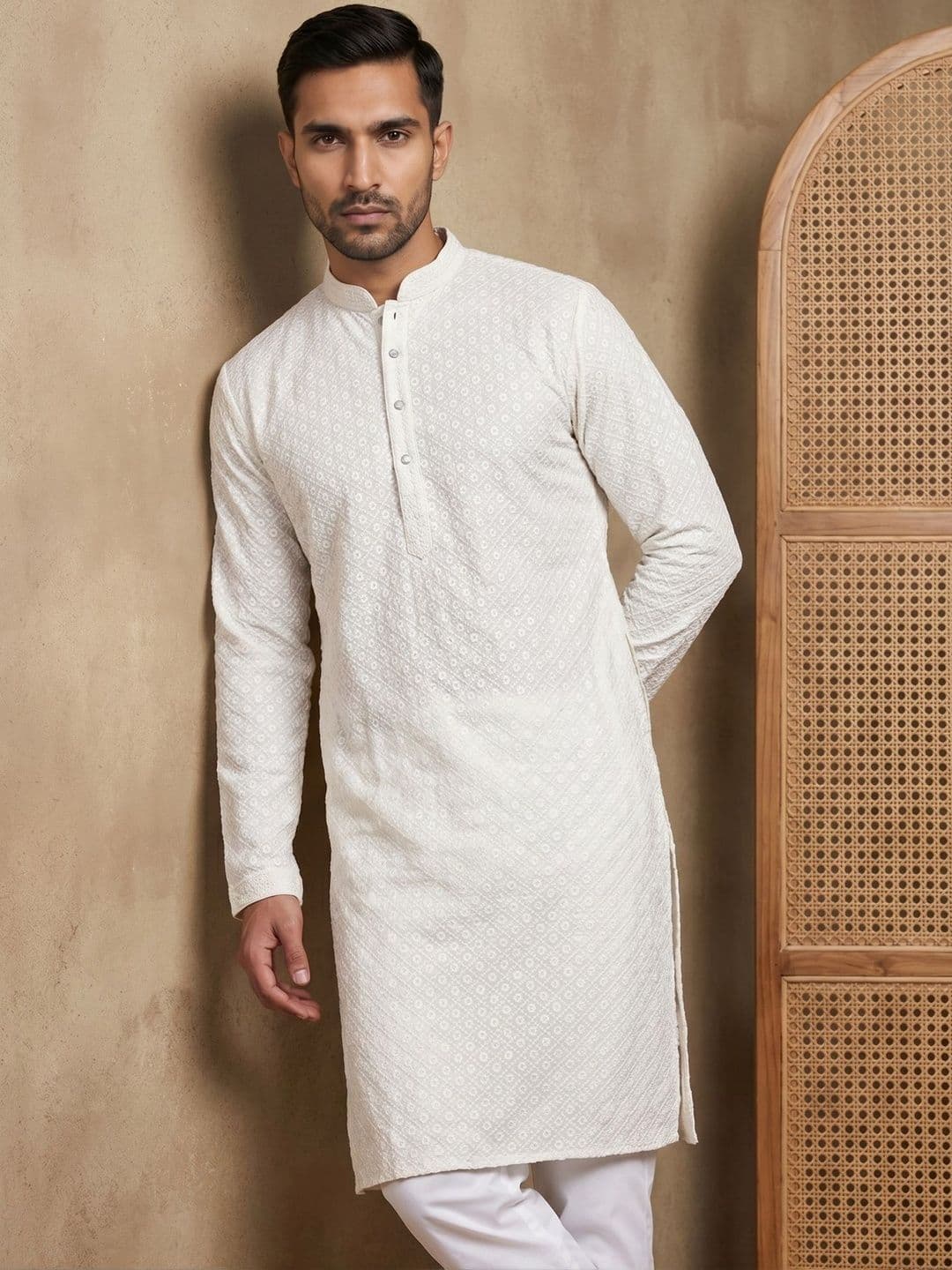 House of Pataudi Embroidered Mandarin Collar Knee Length Straight Kurta - view 1