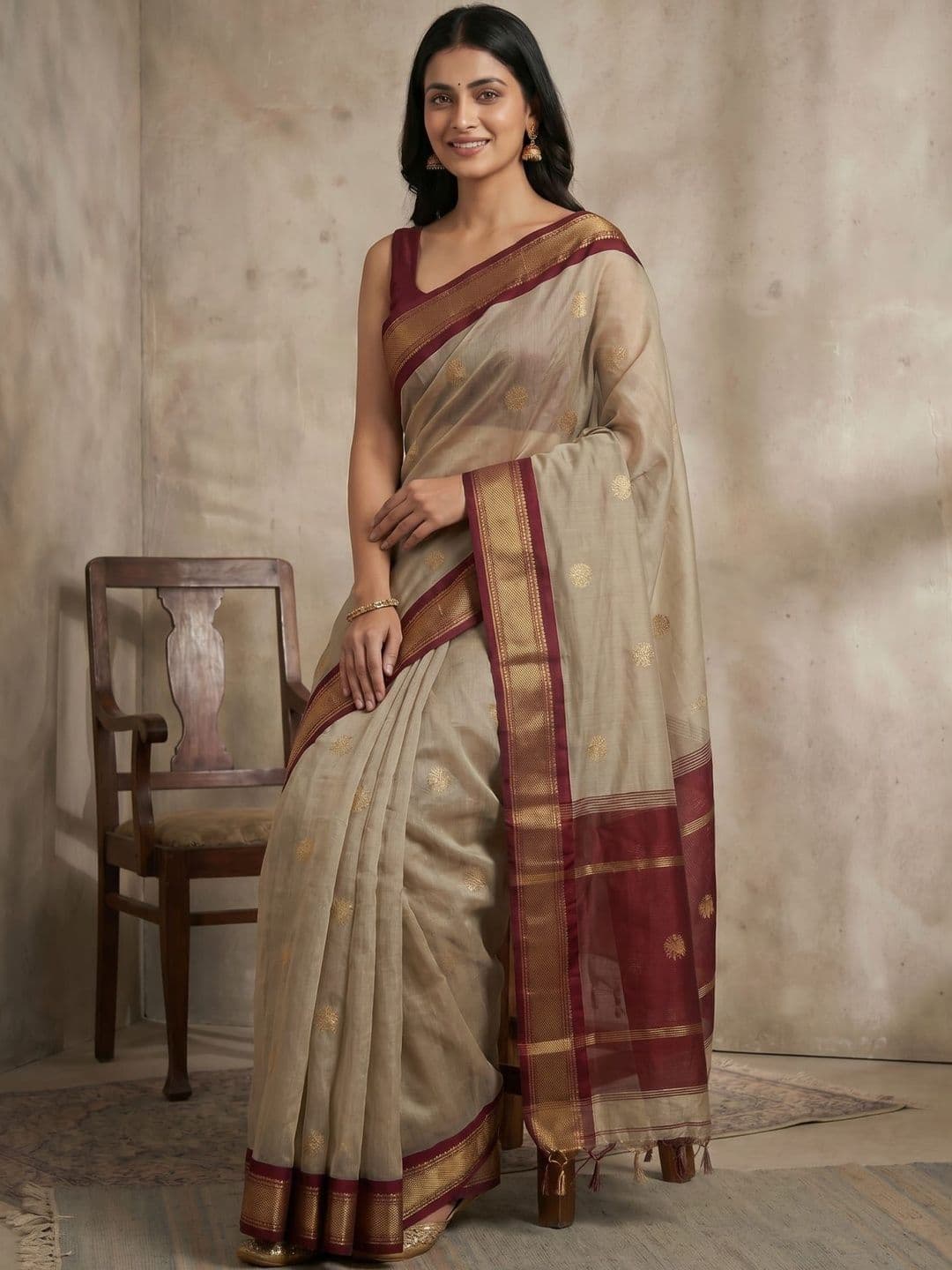 S A creations Ethnic Motifs Woven Design Zari Pure Cotton Kanjeevaram Saree - view 1