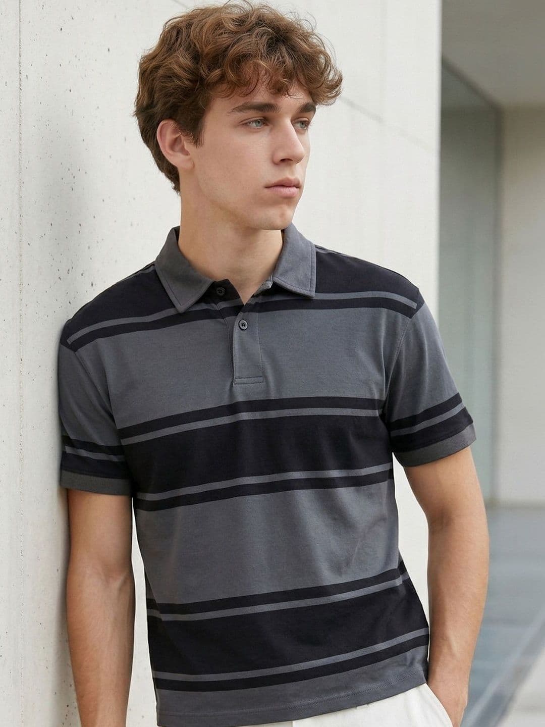 YONGE Men Striped Polo Collar T-shirt - view 1