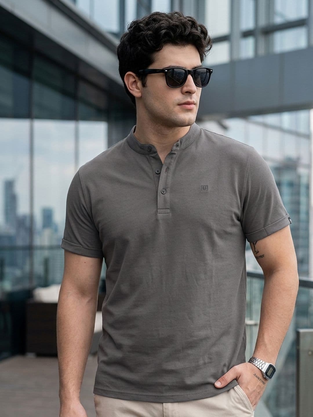 Urbano Fashion Men's Dark Grey Solid Mandarin Collar Slim Fit Half Sleeve Cotton T-Shirt - view 1