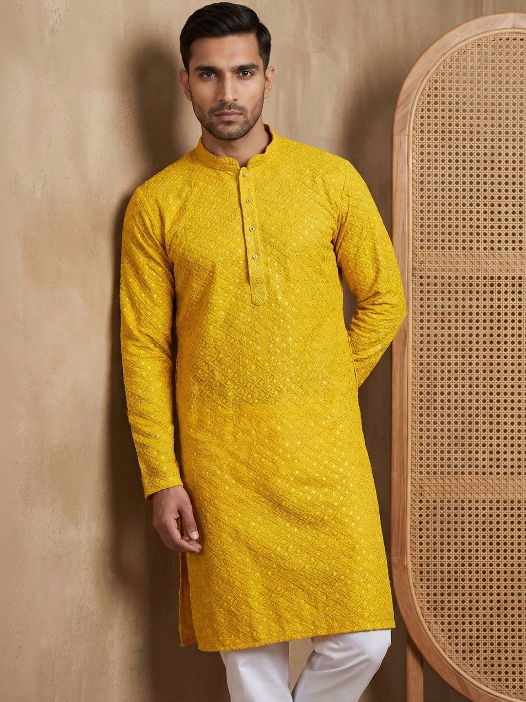 House of Pataudi Embroidered Mandarin Collar Knee Length Straight Kurta - view 1