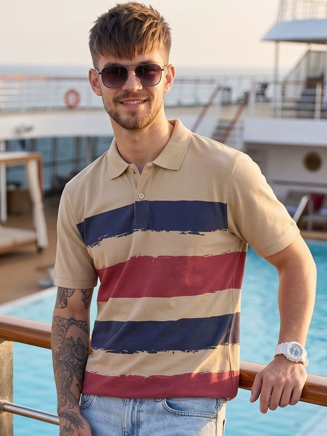 HERE&NOW Men Striped Polo Collar T-shirt - view 1