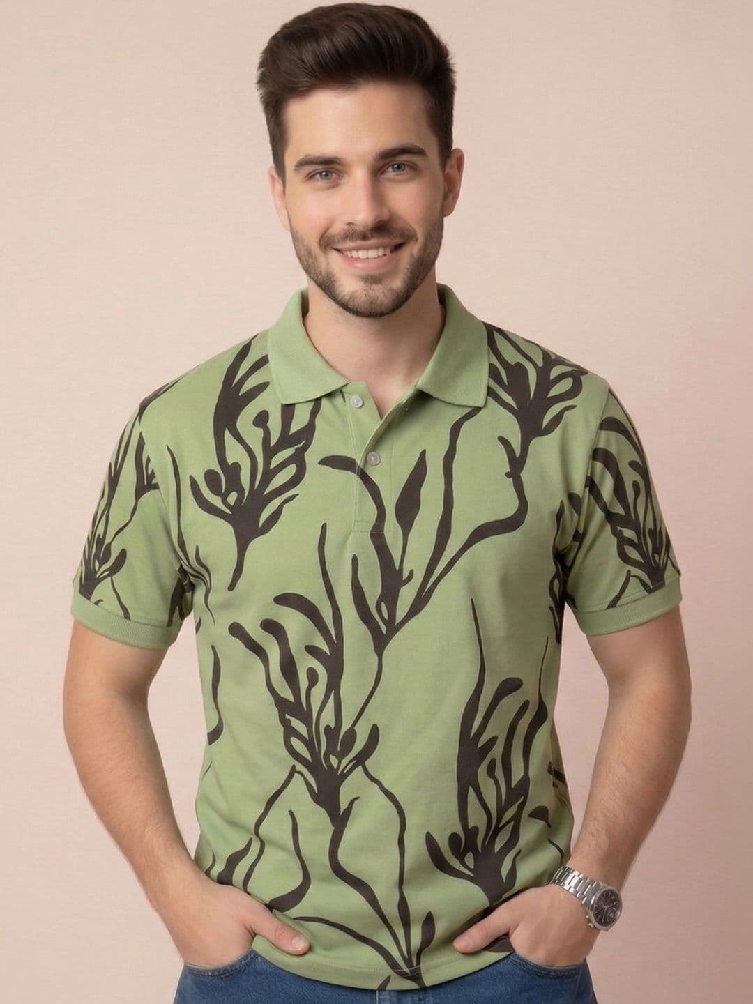 ALWAYS SHINE Men Floral Printed Polo Collar Tropical T-shirt - view 1