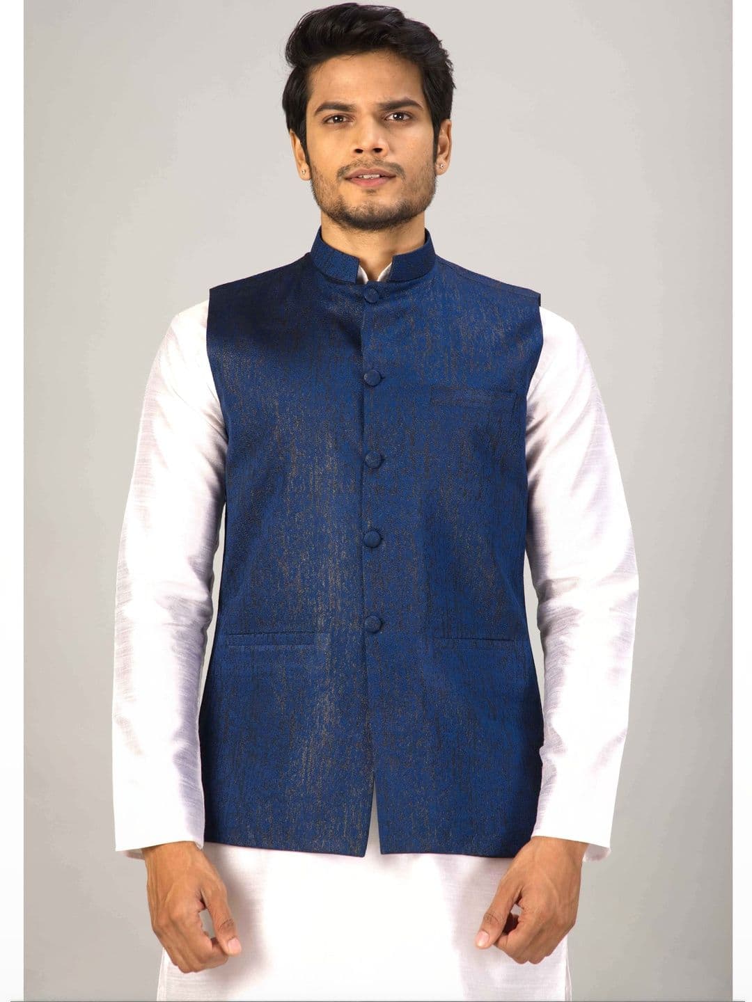 MODERN MUGHALS Textured Mandarin Collar Sleeveless Nehru Jackets - view 1