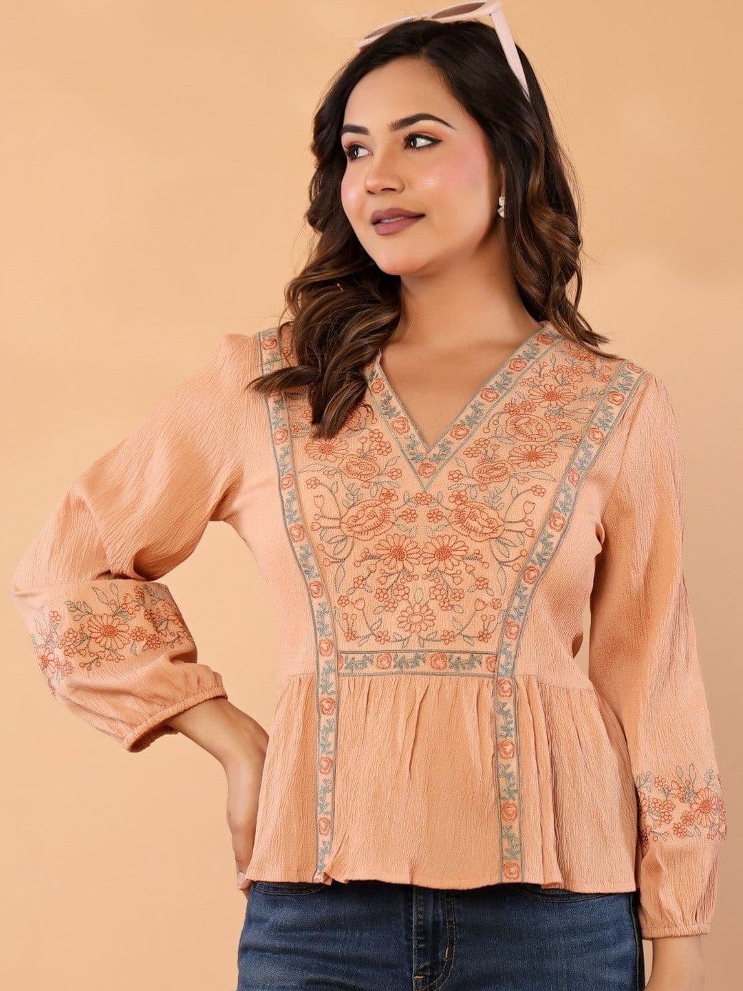 Sangria Embroidered V-Neck Regular Tops - view 1