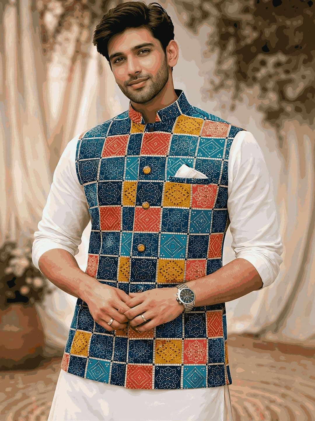MODERN MUGHALS Printed Mandarin Collar Sleeveless Nehru Jacket - view 1