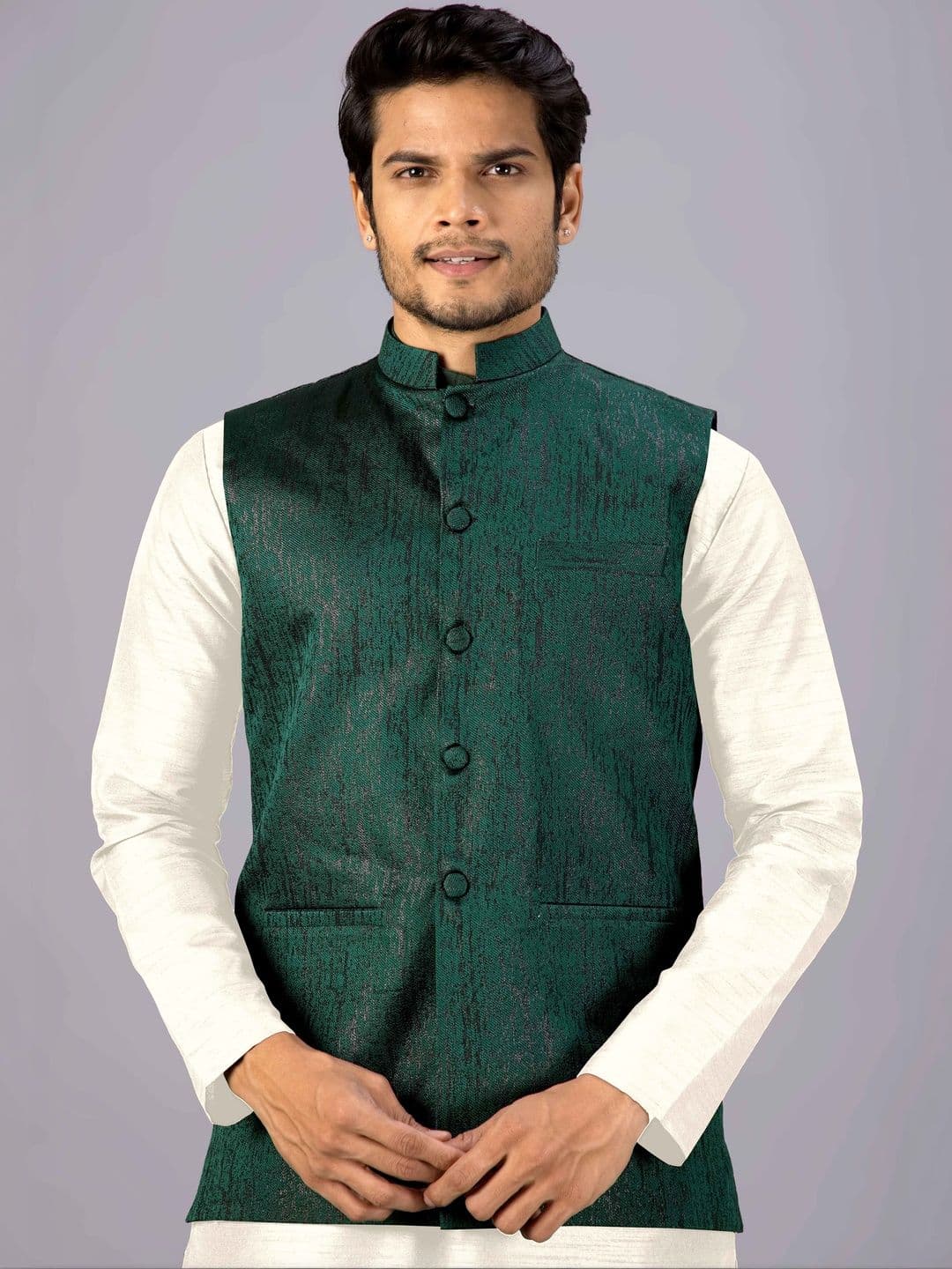MODERN MUGHALS Textured Mandarin Collar Sleeveless Nehru Jackets - view 1
