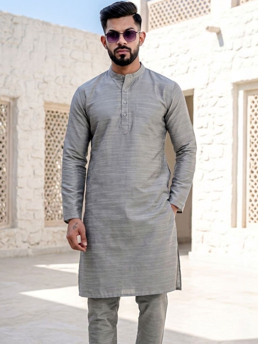 WHITE HEART Men Jacquard Kurta - view 1