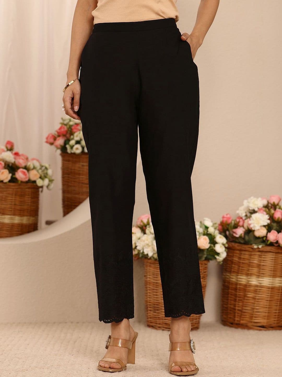 Libas Black Embroidered Cotton Palazzos - view 1