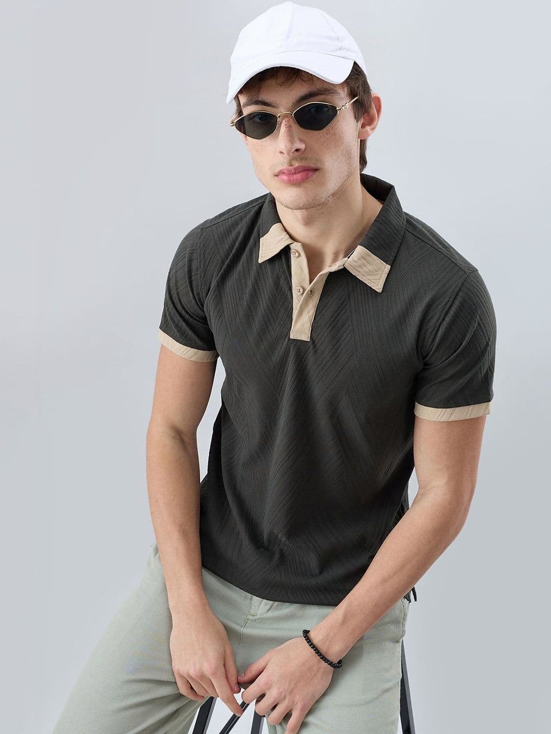 VASTRADO Deep Olive Contrast Polo Neck T-shirt - view 1