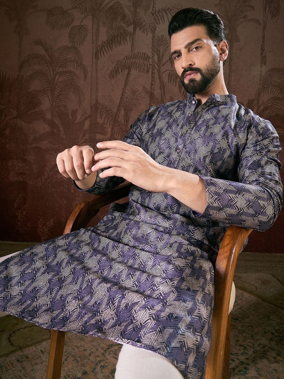 House of Pataudi Printed Mandarin Collar Calf Length Straight Kurtas - view 1