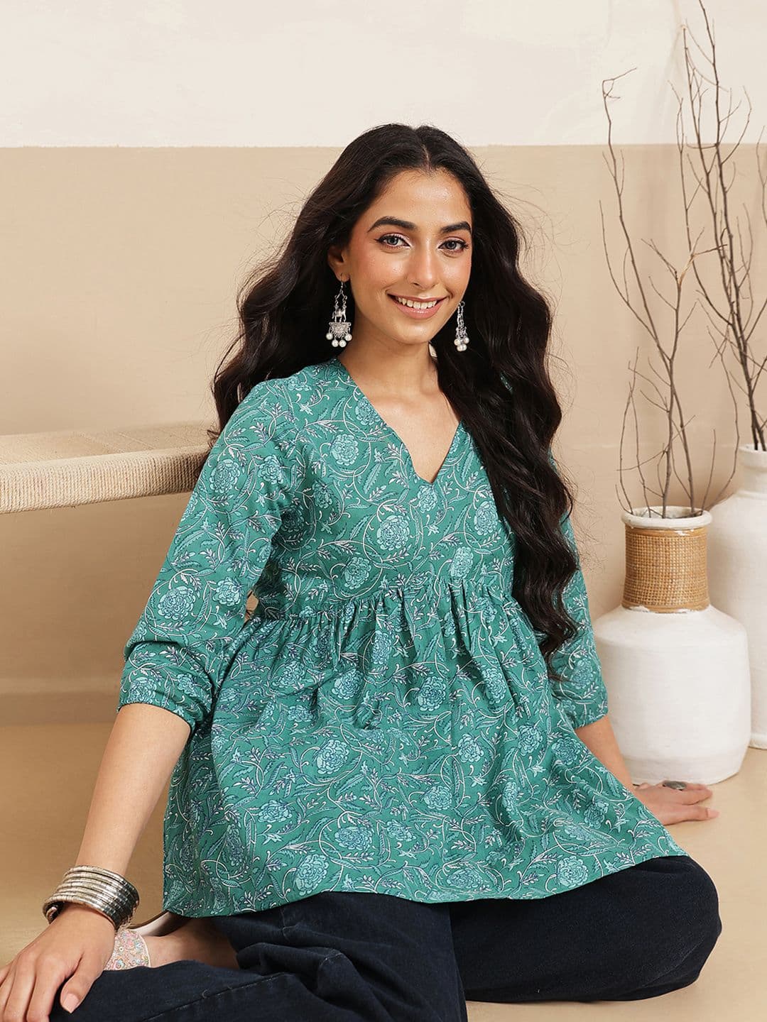 FEMBLISS Women Pure Cotton V-Neck Three-Quarter Sleeves Peplum Kurti - view 1