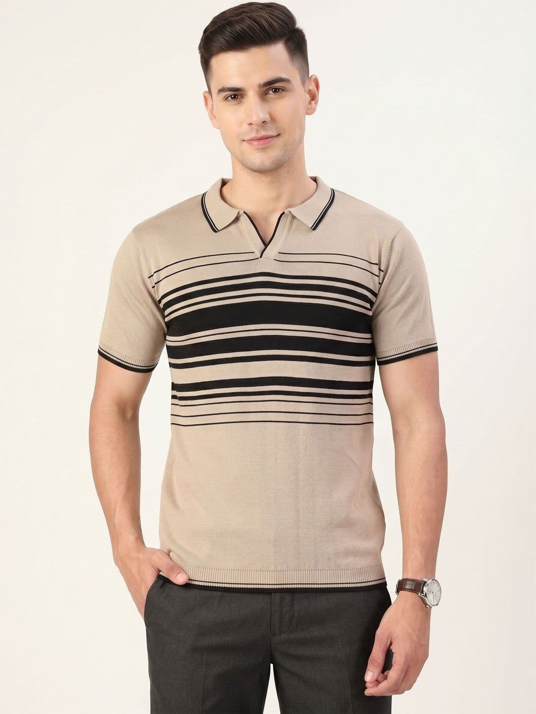 The Roadster Lifestyle Co. Men Striped Polo Collar Cotton T-Shirt - view 1