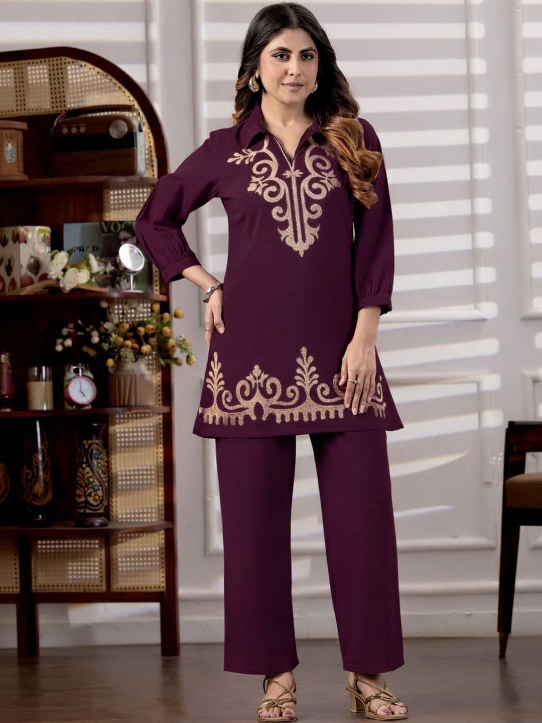 CORSICA Cotton Embroidered Tunic with Palazzos - view 1