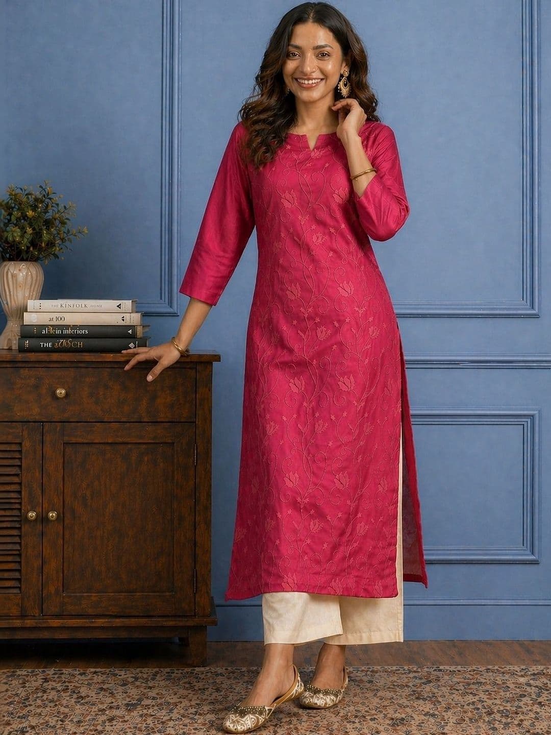 Sangria Embroidered Chanderi Silk Round Neck Calf Length Straight Kurtas - view 1