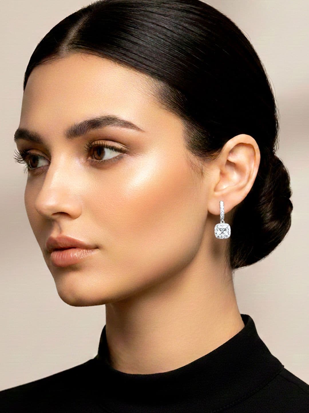 Peora Silver Plated AD Studded Contemporary Hoop Drop Earrings - view 1