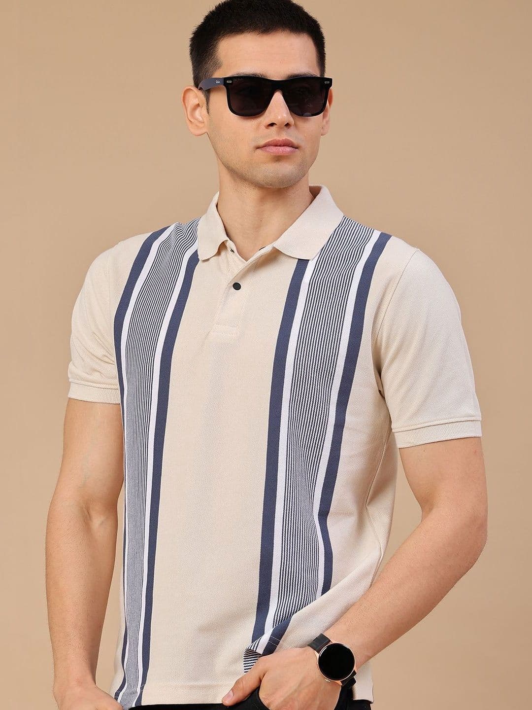 V-Mart Men Striped Polo Collar Pockets T-shirt - view 1