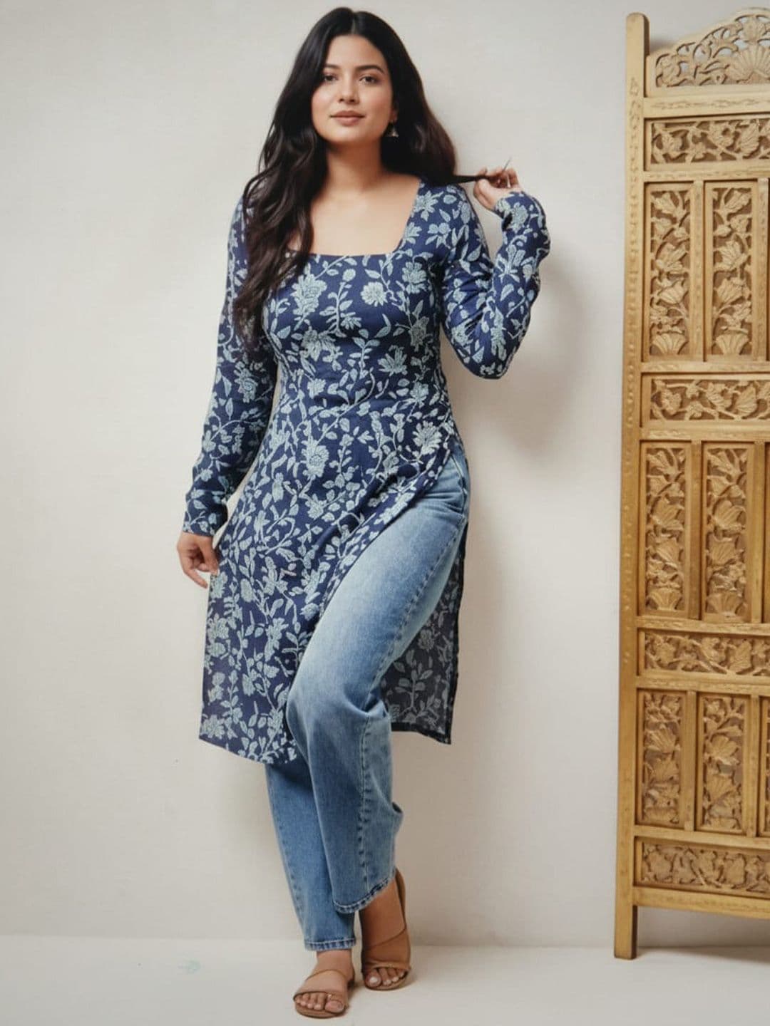Bibhatsu Floral Printed Square Neck Kurti - view 1
