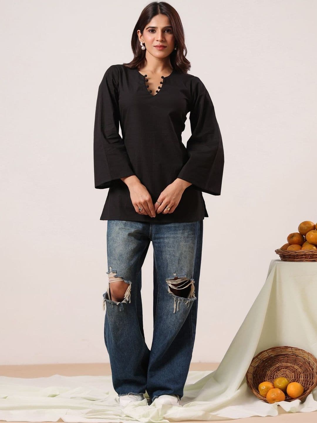 Rimeline V-Neck Flared Sleeves Pure Cotton Kurti - view 1