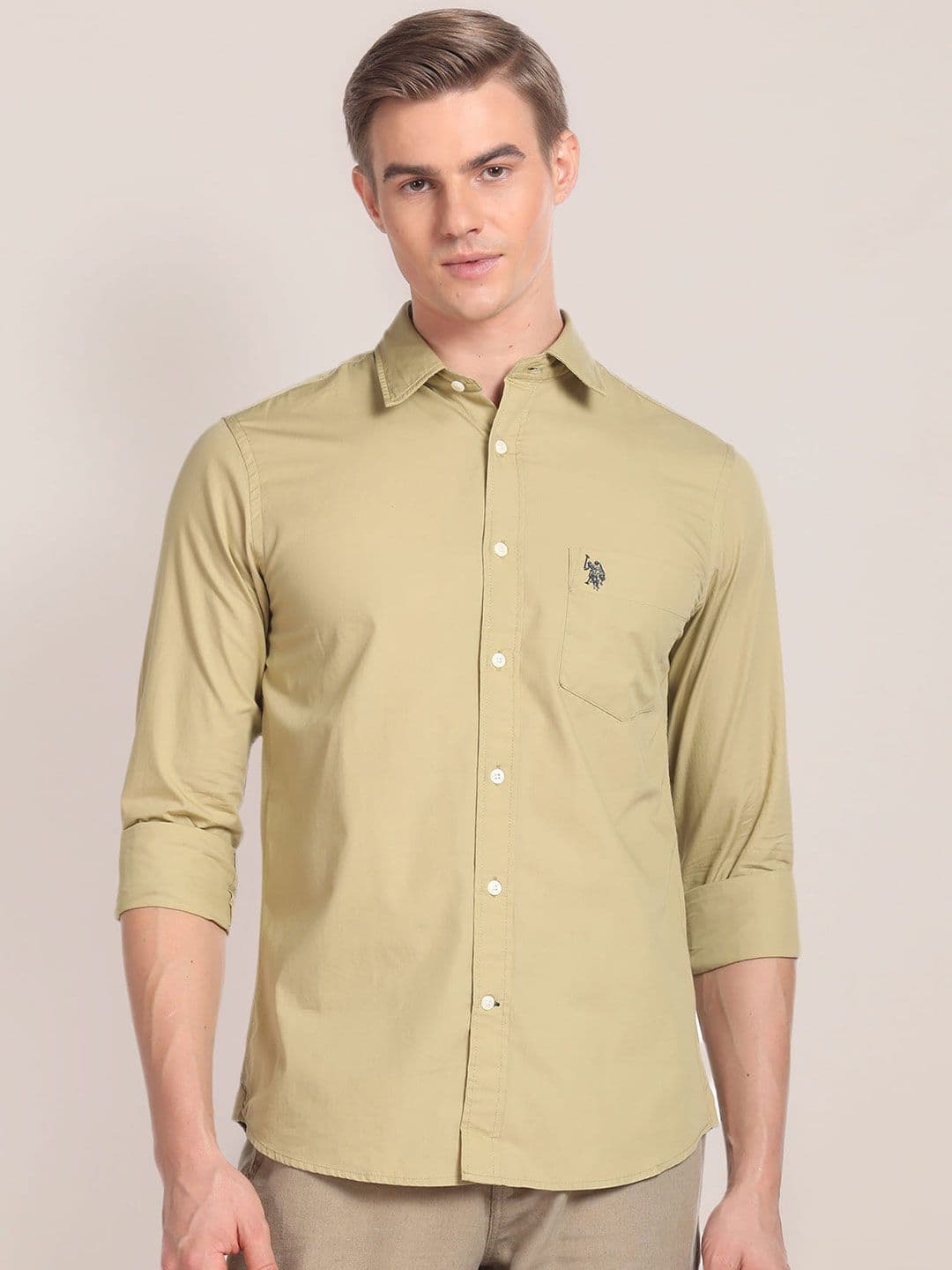 U.S. Polo Assn. U S Polo Assn Men Beige Solid Tailored Fit Formal Shirt - view 1