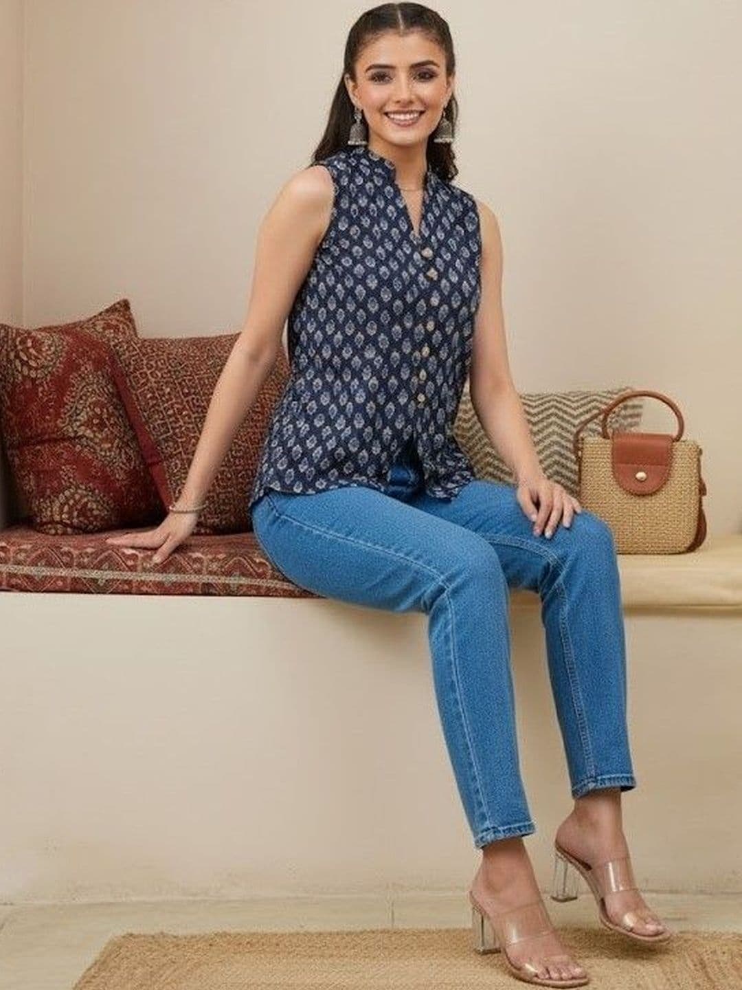 SZN Print Mandarin Collar Ethnic Cotton Top - view 1
