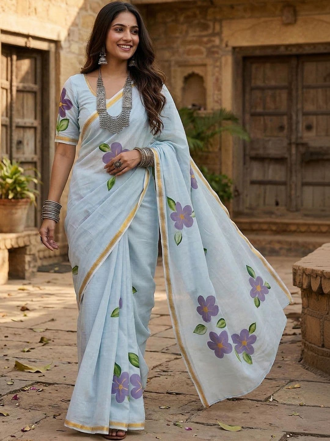 Rare Bello Floral Pure Cotton Handloom Bagh Saree - view 1