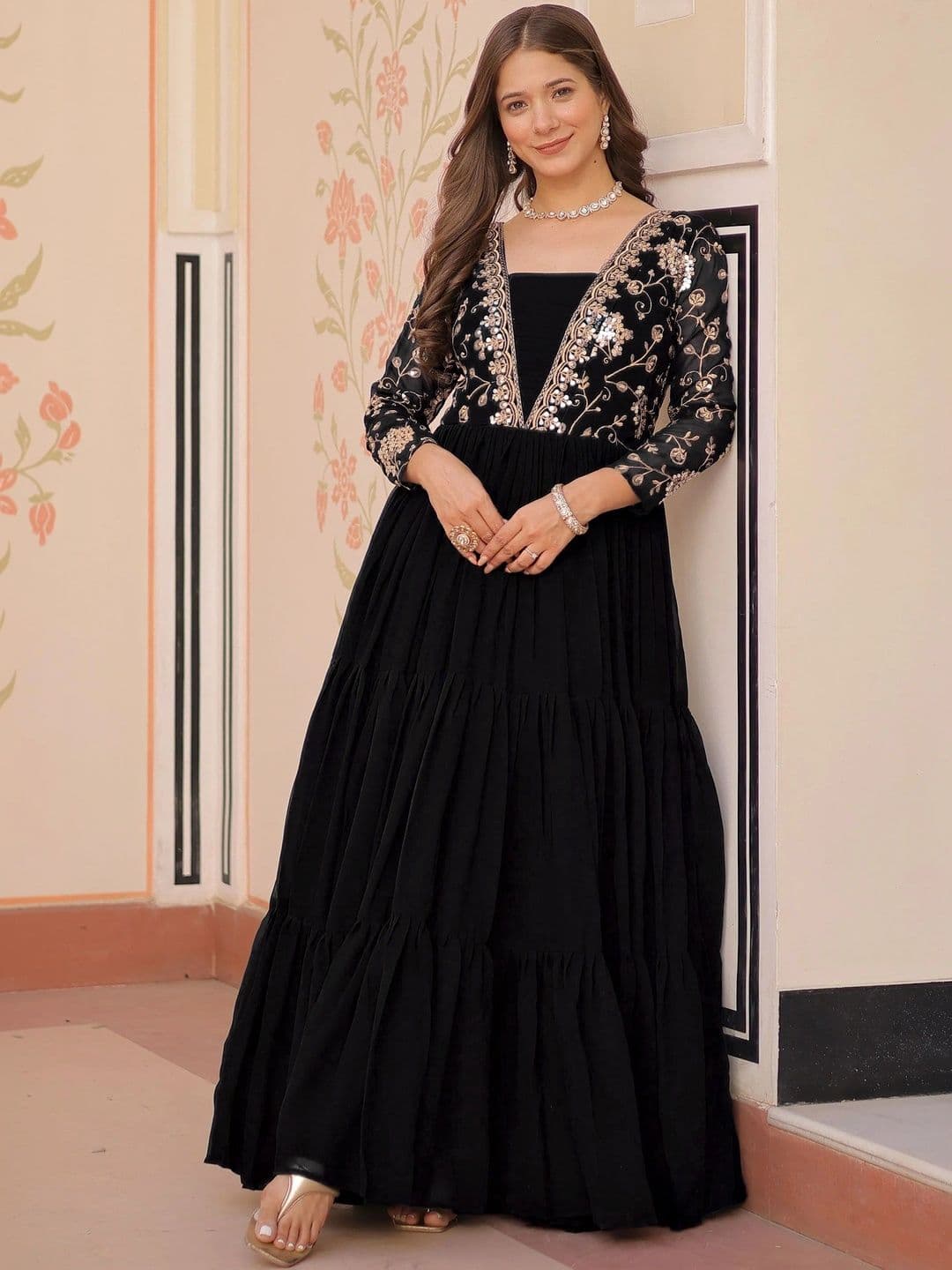 LAZZLY Embroidered V-Neck Maxi Ethnic Dresses - view 1